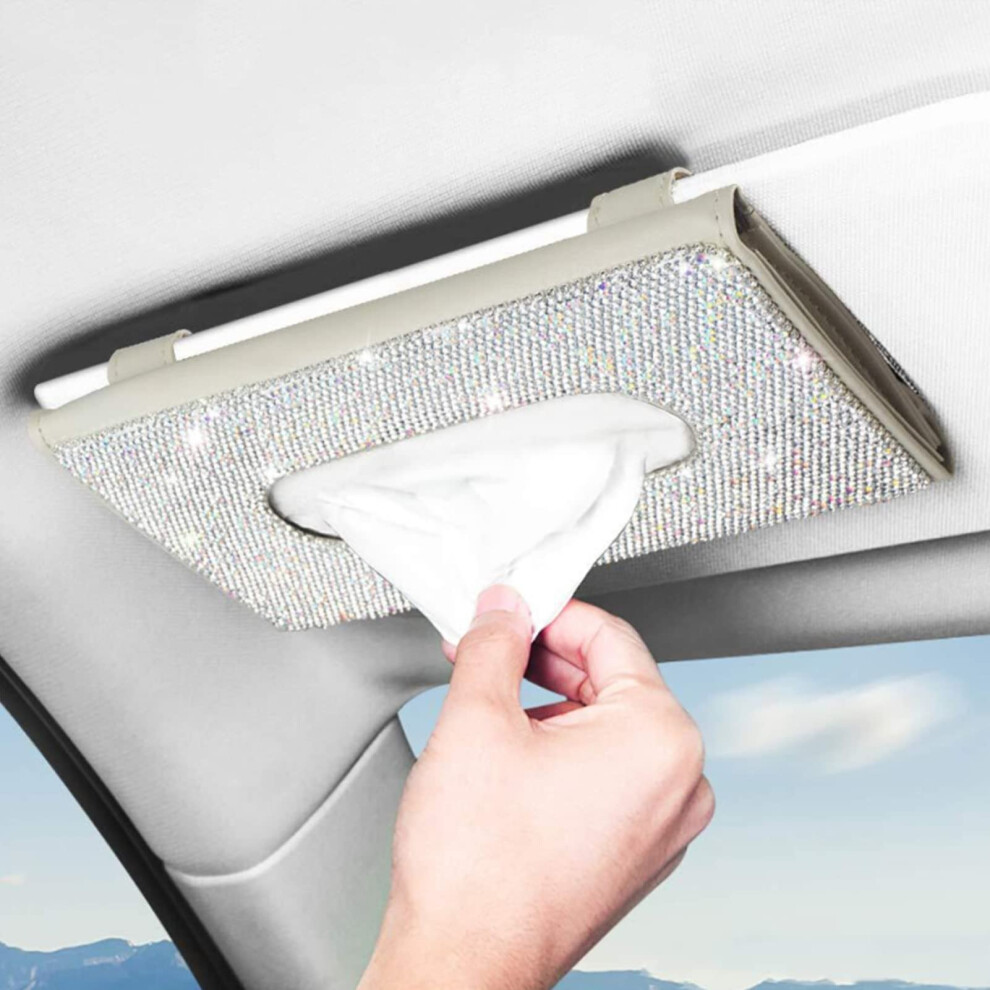 ?2022 Upgraded? Bling Car Sun Visor Tissue Box With Refills Paper Towels Pu Leather Backseat Mask Case Crystal Sparkling Napkin Holder Handmade Deco 701737610660