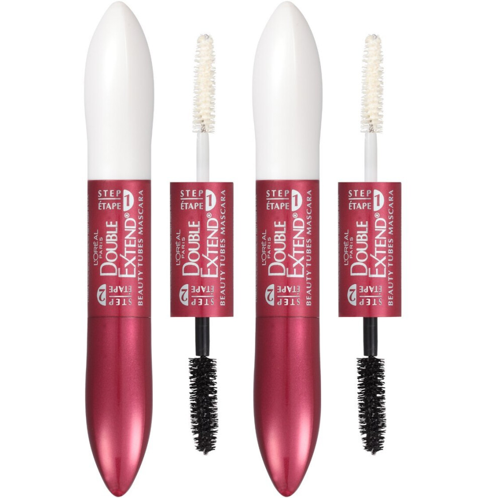 LOr?al Paris Makeup Double Extend Tubing Mascara  Lengthening 2 Step Mascara  Smudgeproof  Blackest Black  Pack of 2