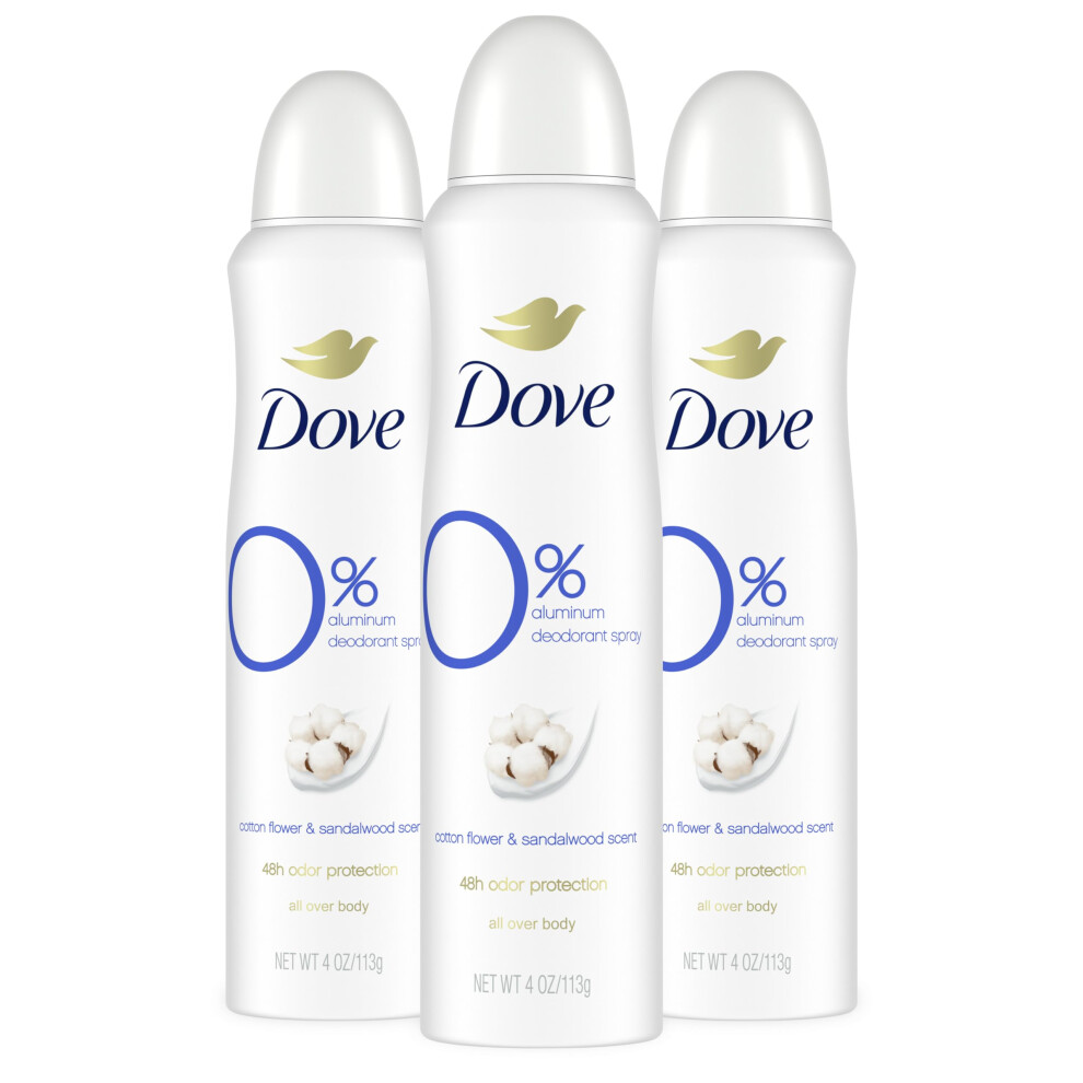 Dove 0% Aluminum Deodorant Dry Spray Cotton Flower & Sandalwood 3 Count for 48-Hour Protection Aluminum Free 4 oz