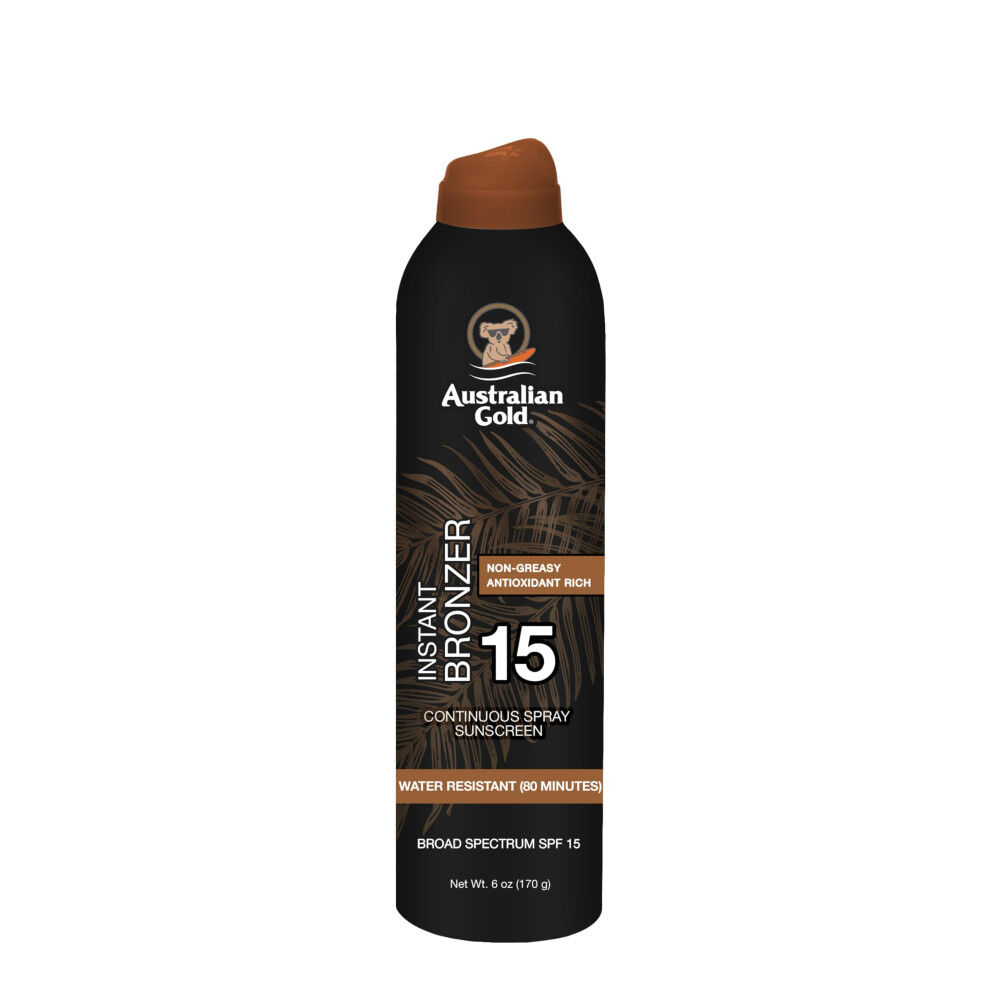 Australian Gold Continuous Spray Sunscreen with Instant Bronzer SPF 15  Immediate Glow & Dries Fast  Broad Spectrum  Water Resistant  Non-Greasy  Vega