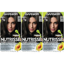 Garnier Hair Colour Nutrisse Ultra Coverage Voedende Creme 200 Diep zacht zwart (zwarte sesam) Permanente haarverf 3 stuks (verpakking kan vari?en)