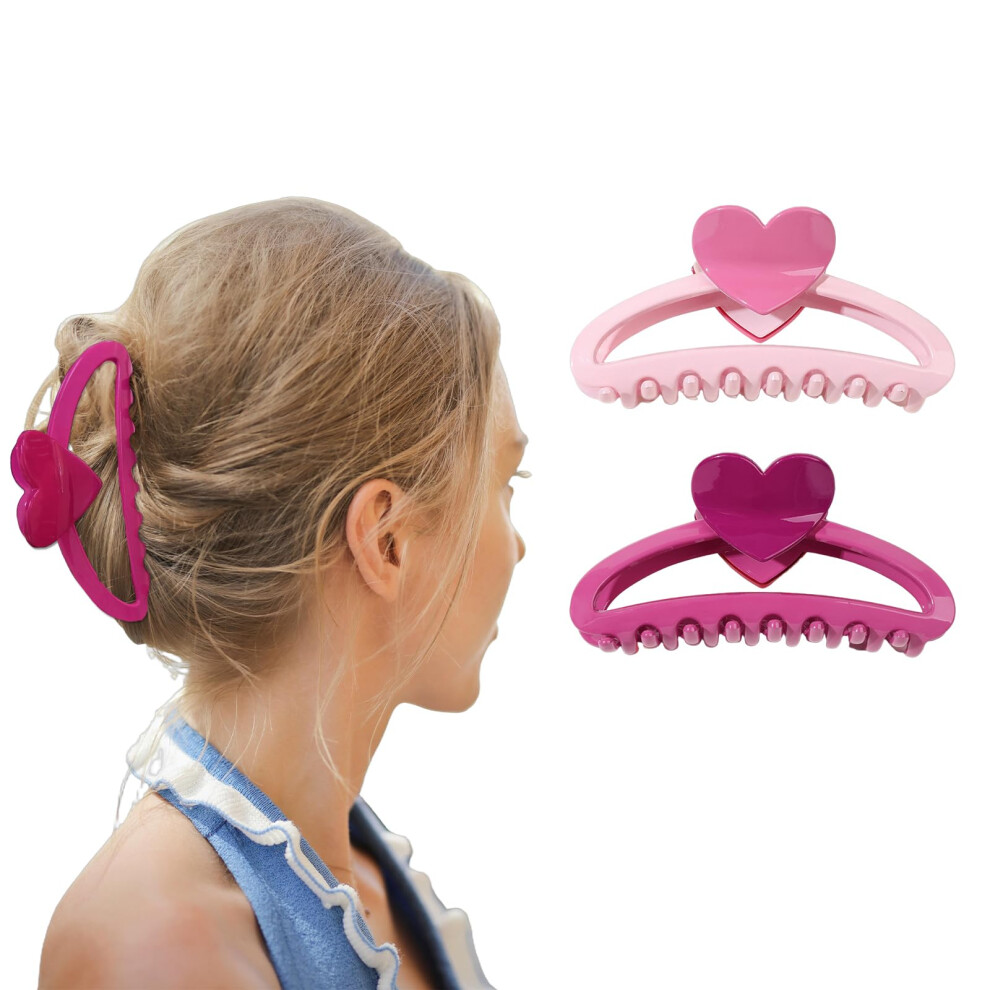 Firopia 2 Fermagli Per Capelli A Forma Di Cuore Per San Valentino, Da Donna, Rosa, Grandi Clip Per Capelli Spessi E Sottili E Ricci, Set Di Clip In Acrilico Antiscivolo Alla Moda Con Presa Forte-image