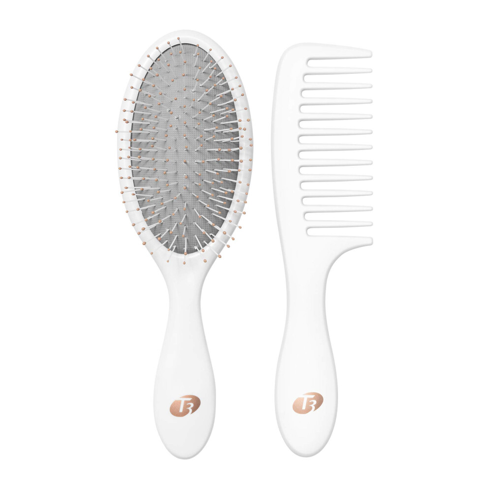 T3 Detangle Duo Brush Set | Detangling Brush And Shower Comb Set | Comb To Disperse Liquid & Brush To Detangle Wet Hair| For All Hair Lengths And Text White