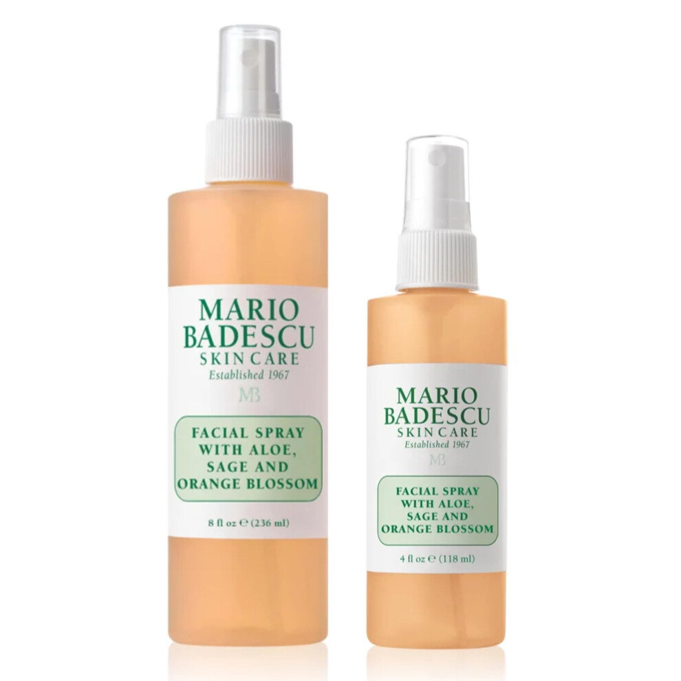 Mario Badescu Facial Spray with Aloe  Sage and Orange Blossom for All Skin Types | Face Mist That Hydrates & Uplifts | 8 FL OZ & 4 FL OZ Combo