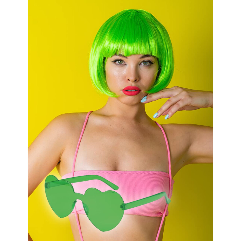 Miuskatl Unisex Green Wig And Sunglasses 12 Inch Wig Wigs For Women Bob Wig Wig With Bangs Short Wig Costume Cosplay Party Wig Wigs F