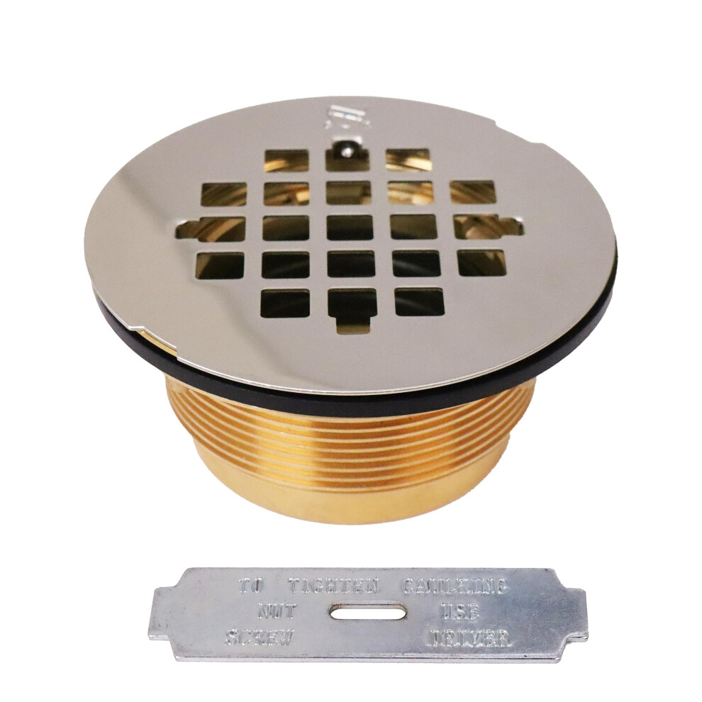 Westbrass D206b-05 2"""" No-Caulk Brass Compression Shower Drain With 4-1/4"""" Round Grid Cover 1-Pack Polished Nickel 747028433013