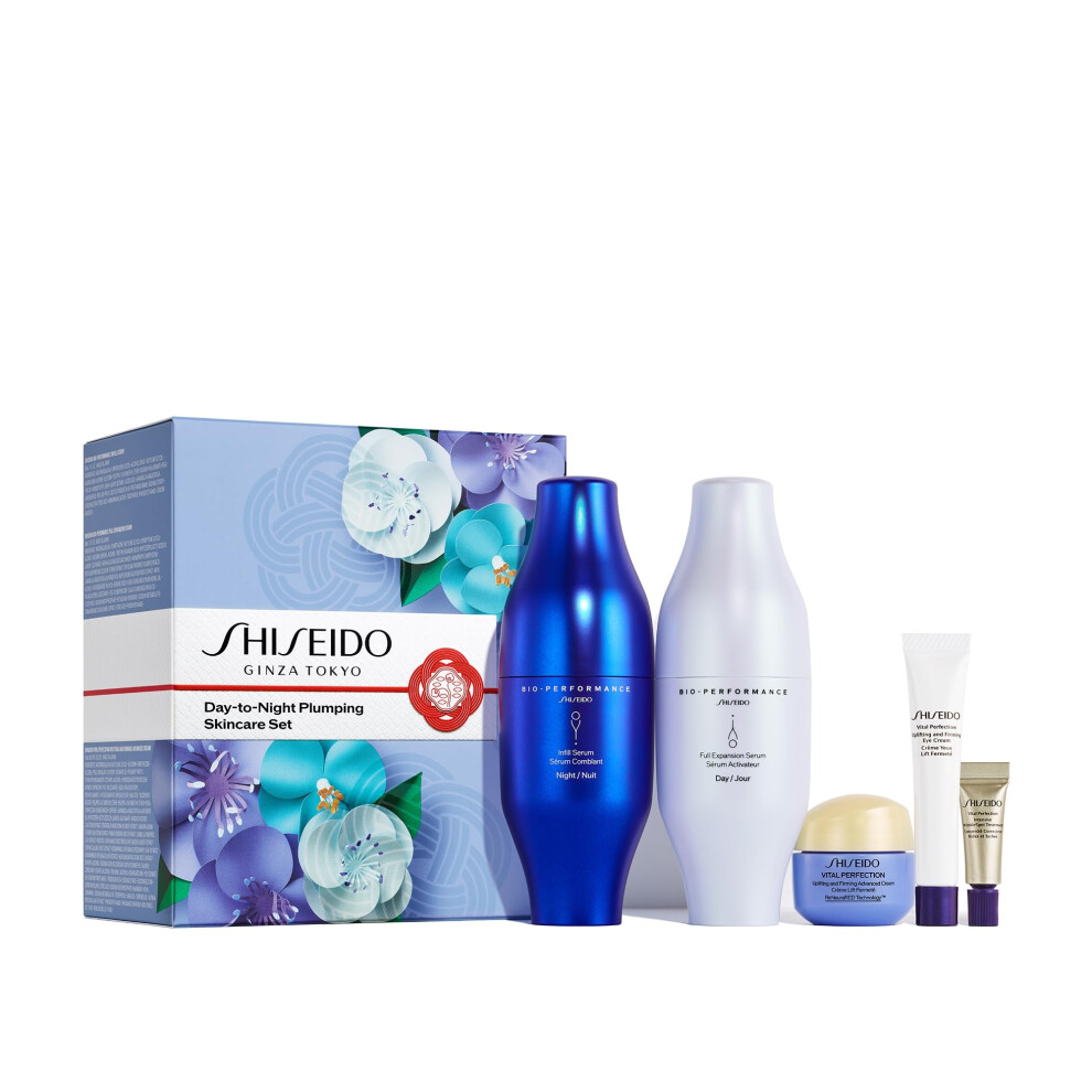 Shiseido Day-to-Night Plumping Skincare Set - Bio-Performance Skin Filler Serums (30mL x2)  Vital Perfection Advanced Cream (15mL)  Eye Cream (5mL) &