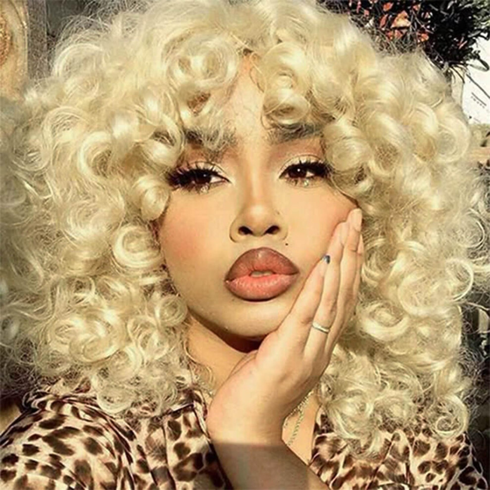 Andromeda Unisex Black Blonde Curly Wigs For Women Soft Short Loose Curly Wig Wiht Bangs Synthetic Kinky Hair Curly African American Costume Cosplay Wigs (Bl