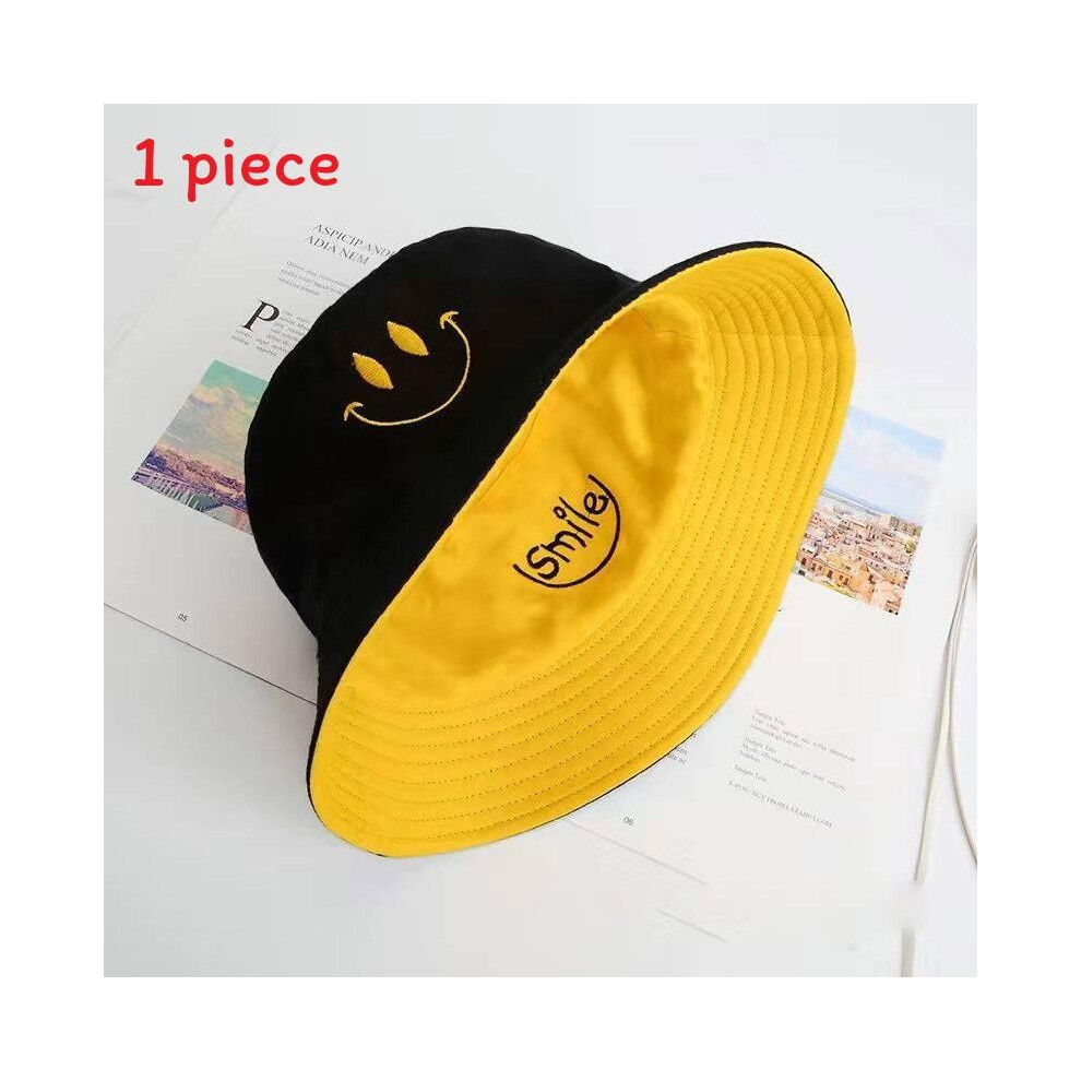 (Yellow) Smile Letters Embroidery Double Sided Fisherman Hat Spring Protection Summer Sun-image-OPC-PGTD92S-NEW