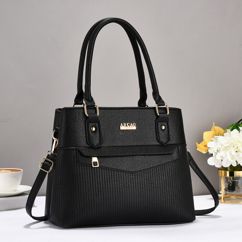 (Black) Black Pu Elegant Tote Bag For Women With Stylish Design Spacious Interior And