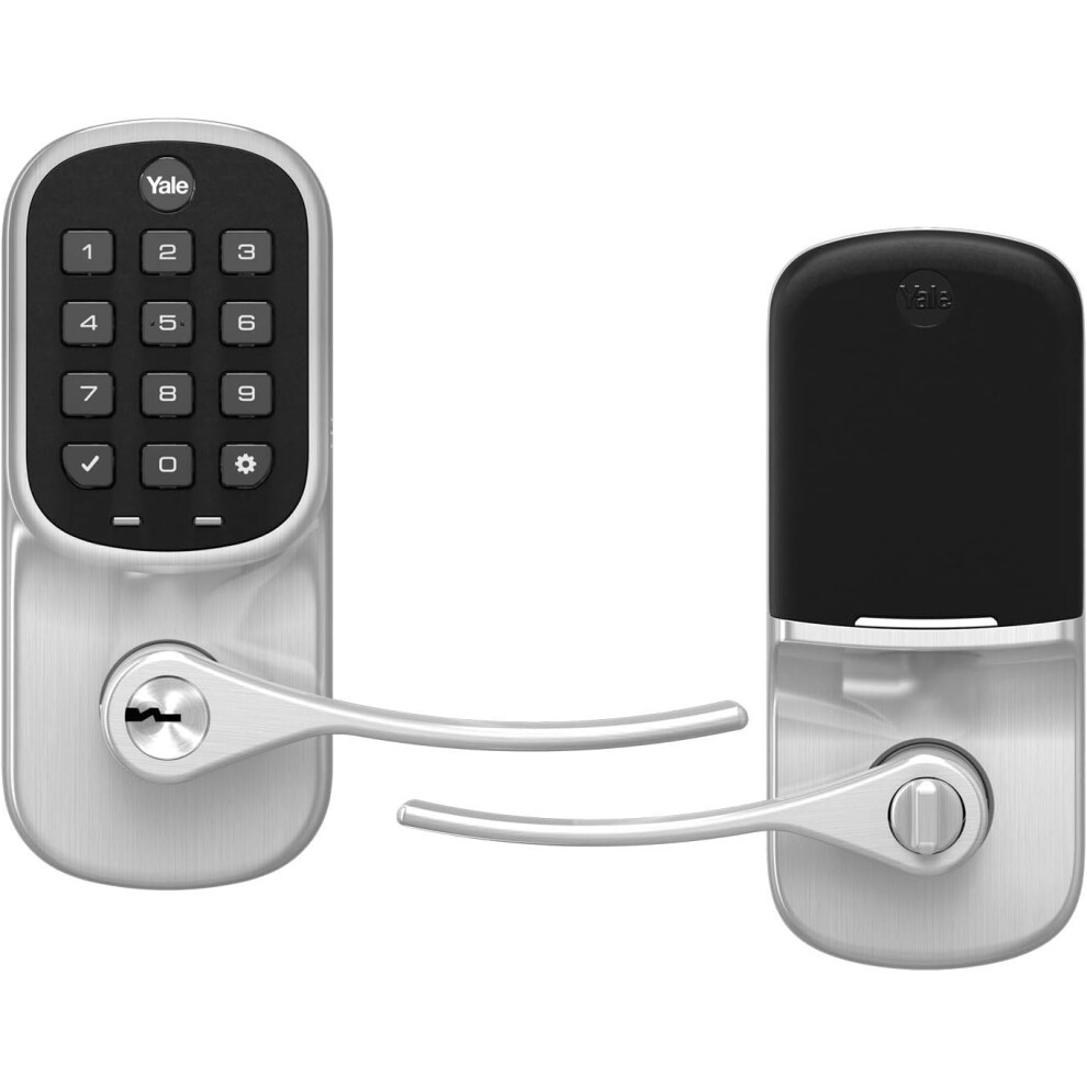 Yale Satin Nickel Assure Lock Entry Door Handle with Wi-Fi Connected Keypad  Smart Door Lock with Handle and Back-Up Key for Single Hole Entry Door  Y