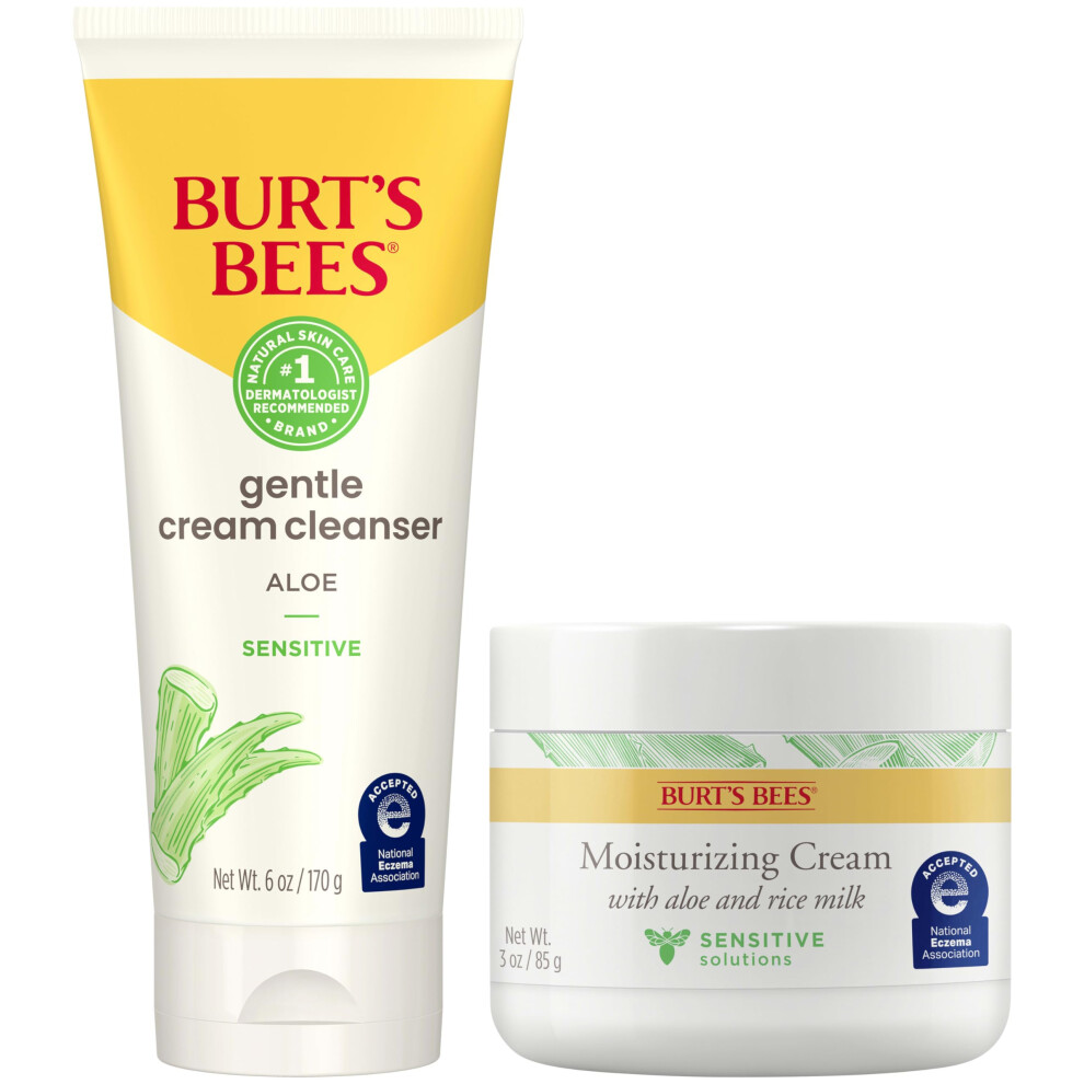 Burts Bees Sensitive Skin Bundle  Gentle Cream Facial Cleanser with Aloe and Moisturizing Face Cream with Aloe and Rice Milk  Natural Origin Skincare
