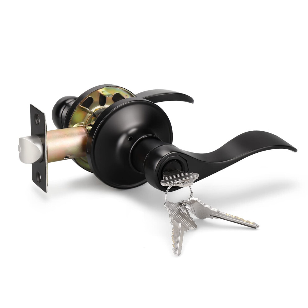 KNOBWELL 1 Pack Wave Style Door Lever Keyed Entry Door Lock Black Door Handles Leverset for Exterior/Interior Doors Matte Black  Reversible for Left/R-image-OPC-PFPSXTJ-NEW