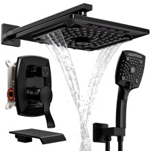 ELLO&ALLO Set doccia con rubinetto nero opaco per vasca con valvola e kit di finitura, soffione doccia a cascata con soffione portatile
