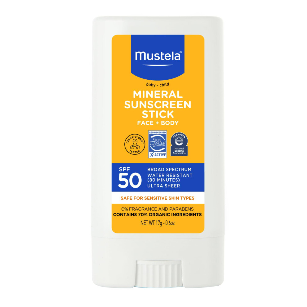 Mustela Baby Mineral Sunscreen Stick SPF 50 Broad Spectrum - Face & Body Sun Stick with 70% Organic Ingredients - Ultra Sheer  Water Resistant & Fragr