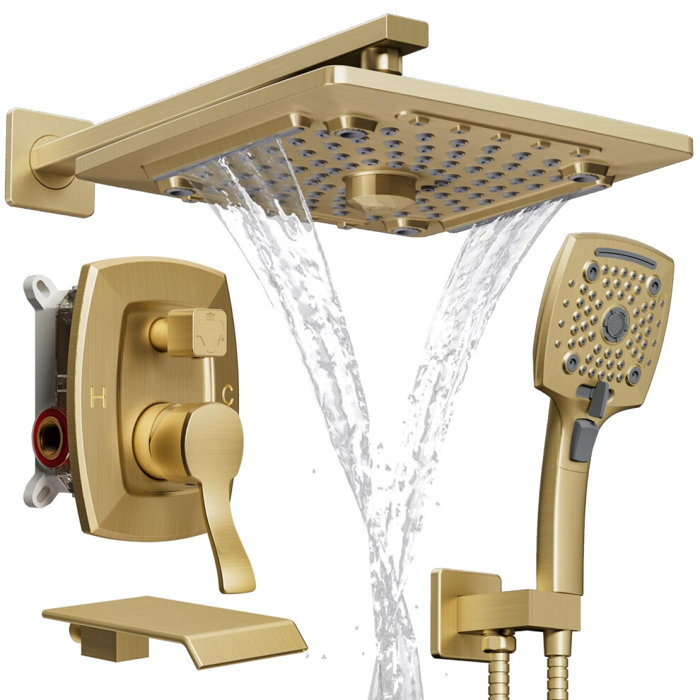 Ello&Allo Bathroom Shower Faucet Set Mixing Valve And Trim Kit Complete Shower System With Tub Spout Brushed Gold 774816245145