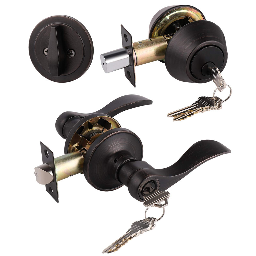 6 Pack Keyed-Alike Entry Lever And Single Cylinder Deadbolt Combination Locksets Oil Rubbed Bronze Finish Reversible Front Door Handleset With Handl 715668040830