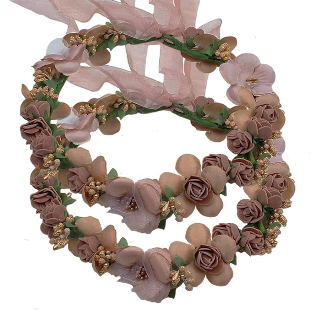 Wlbon Flower Crown Headband Wreath Garland Hair Bands Floral Wedding Bridal Hair Hoop Women Leaf Ribbon Party Decoration Headdress Headwear Christmas Handma