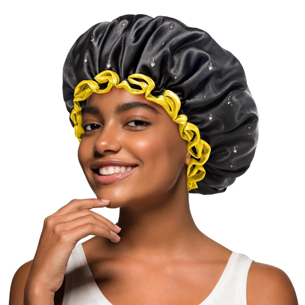 Mikimini Black Shower Caps For Women Men & Girls 2 Packs Reusable Double Layers Waterproof Bathing Shower Hat With Soft Comfortable Peva Lining Non