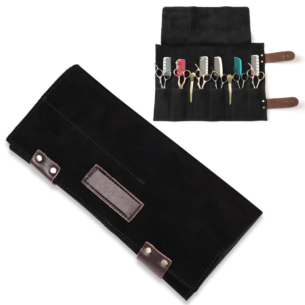 Honey Joy Salon Scissors Bag Roll Up 12 Pockets Genuine Leather Stylist Grooming Scissors Holder Barber Hair Scissor Shears Cases For Hairdressers (Hj-Zp011-Bl