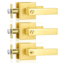 SHINY HANDLES 3 Pack Satin Brass Door Knobs Door Handles Interior with Lock Privacy Gold Door Knob Door Levers for Bed/Bath (Keyless)