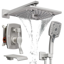 ELLO&ALLO Shower Tub Shower Faucet Set Brushed Nickel Mixing Valve and Trim Kit Rainfall Waterfall Shower Head with Handheld Combo