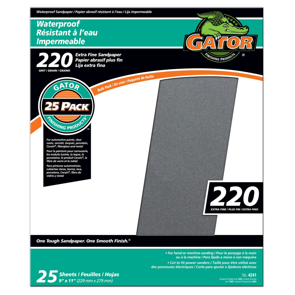 Gator 9"""" X 11"""" Waterproof Sanding Sheets 220 Grit 25 Pack Black 082354042417