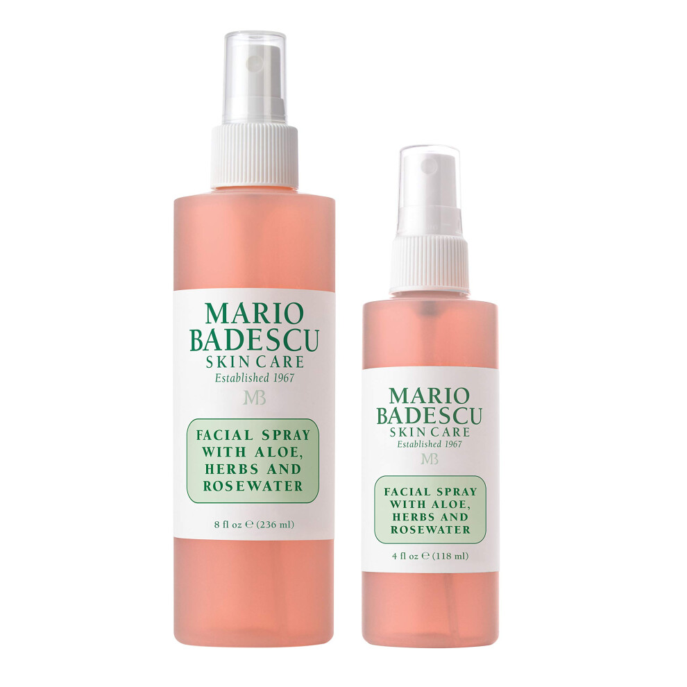 Mario Badescu Facial Spray with Aloe  Herbs and Rose Water for All Skin Types  Face Mist that Hydrates  Rejuvenates & Clarifies  8 & 4 FL OZ Combo