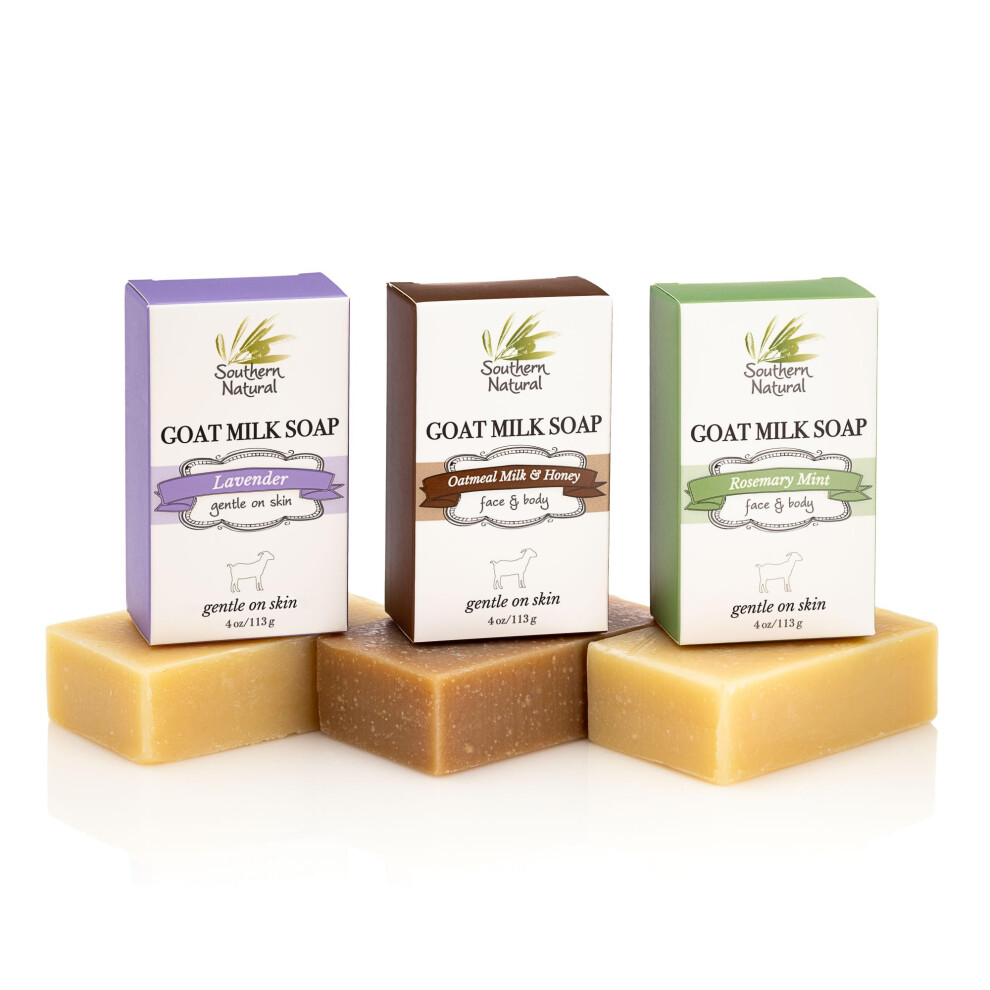 Southern Natural Goat Milk Soap Bar (Variety 3 Pack) Lavender  Oatmeal Milk & Honey  Rosemary Mint - For Dry Sensitive Skin. For Men  Women  Kids & Ba