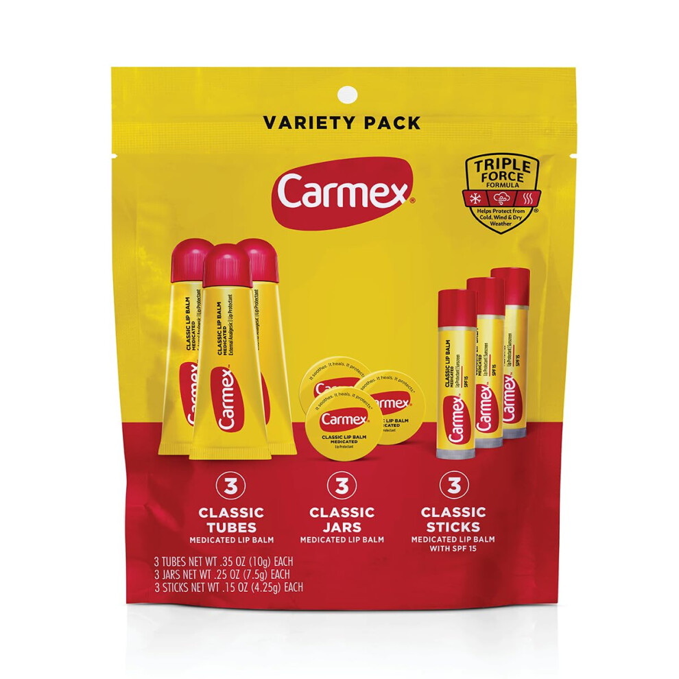 Carmex Classic Medicated Lip Balm Pack  Lip Moisturizer for Chapped Lips  9-Count Variety Pack Bag (3 Tubes  3 Sticks  3 Jars)