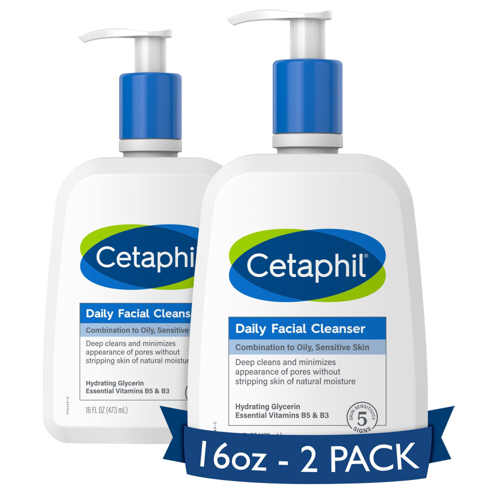 Cetaphil Face Wash  Daily Facial Cleanser for Sensitive  Combination to Oily Skin  NEW 16 oz 2 Pack  Gentle Foaming  Soap Free  Hypoallergenic