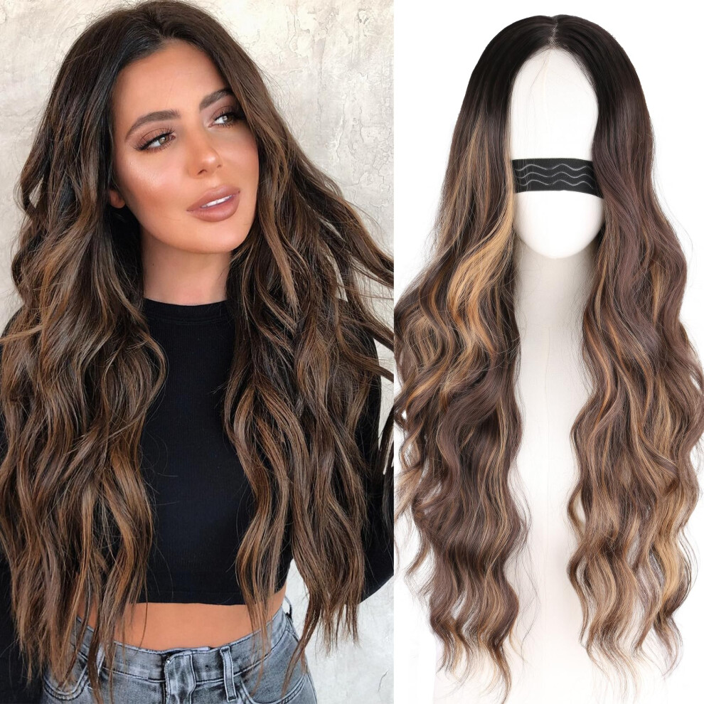 Nostalgi Unisex Brown Nostalgia Wigs For Women With Blonde Highlight Lace Hairline Wig Middle Part Synthetic Heat Resistant Wig For Daily Party-26 Inch