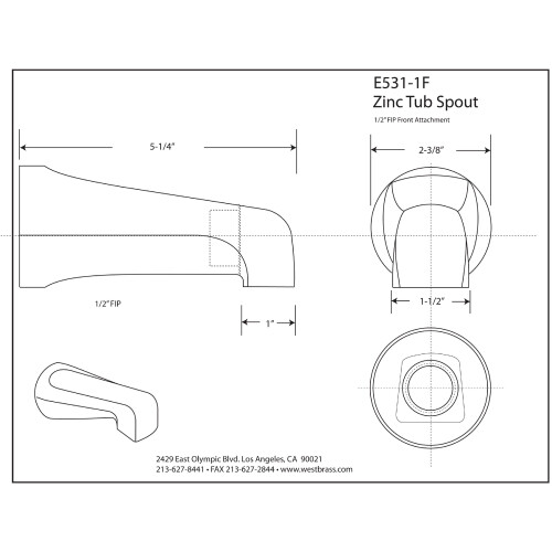 Westbrass E531-1F-50 5-1/4"""" standaard frontaansluiting kuipuitloop poedercoating wit 1