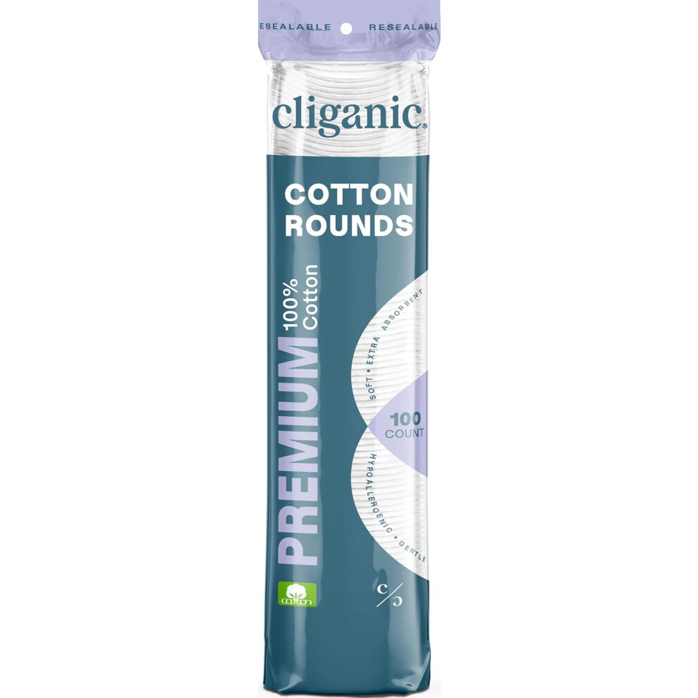 Cliganic Premium Cotton Rounds For Face (100 Count) | Makeup Remover Pads Hypoallergenic Lint-Free | 100% Pure Cotton