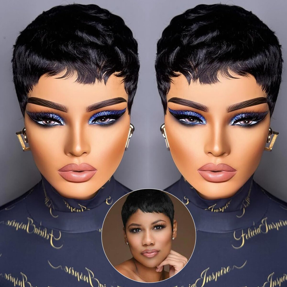 Ykhjh Unisex Black Pixie Cut Wig Human Hair Wigs Put On And Go Glueless Wigs Human Hair With Bangs Ready To Go Pixie Cut Wig For Women Short Wigs With Bangs For Wo