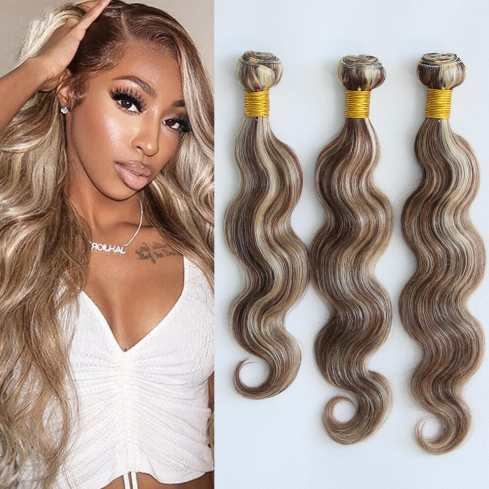 Cheveux D'avril Unisex Brown Aprilhair 8A Machine Double Weft Raw Brazilian Virgin Human Hair Extensions Highlight P4/613 Blonde Body Wave 3 Bundles 12"""" 14"""" 16""""