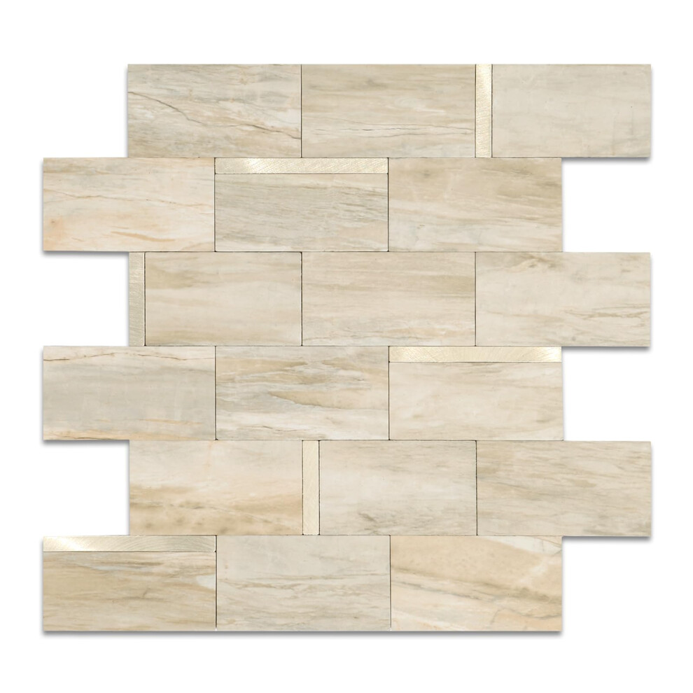 OYASIMI 1-Sheet Peel and Stick Backsplash for Kitchen Tiles Beige Marble Mixed Gold Metal Stick on Backsplash Subway Wall Tiles for Bathroom  Laundry