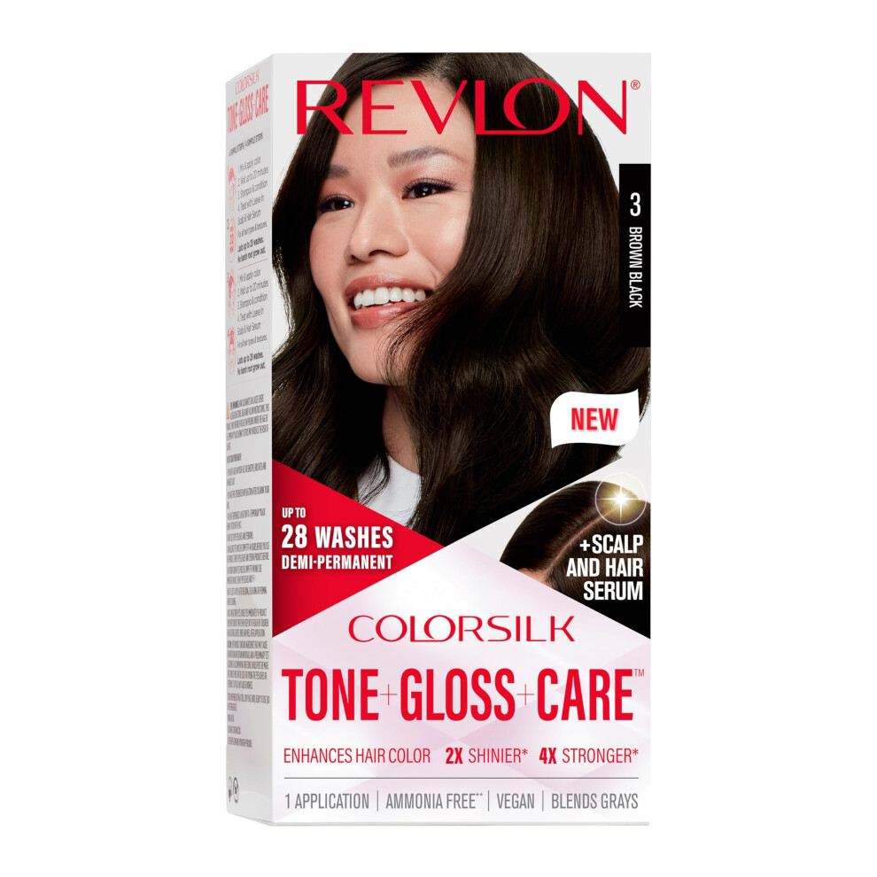 Revlon ColorSilk Tone + Gloss + Care Demi Permanent Hair Color  Hair Dye with Leave in Scalp and Hair Serum  2x Shinier  4x Stronger  3 Brown Black  4