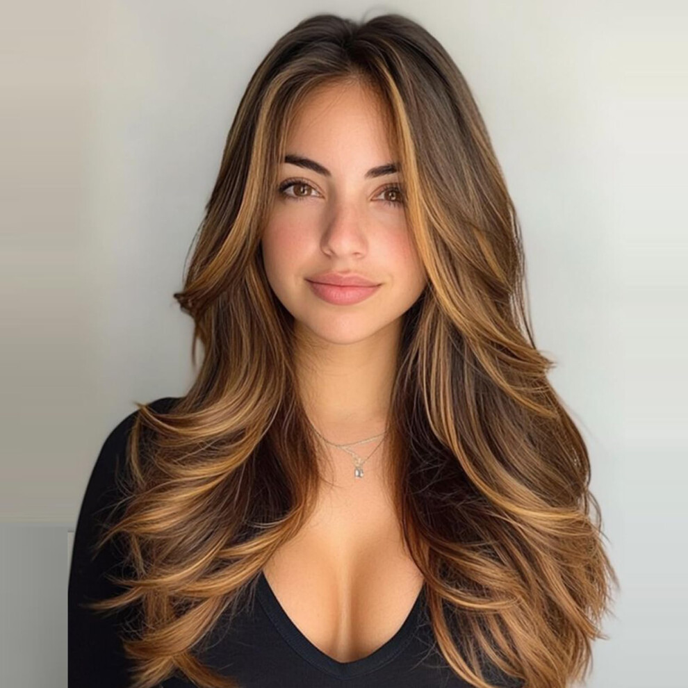 Jolelyne Unisex Brown Highlight Layered Wig With Curtain Bangs For Women Long Dark Mixed Blonde Wavy Wig Natural Looking Synthetic Blonde Layered Heat