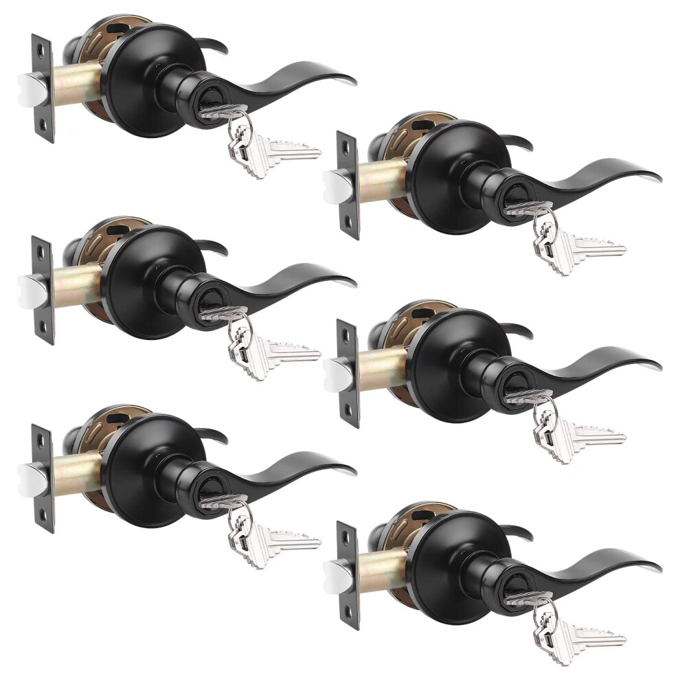 Probrico (6 Pack Keyed Alike Entry Door Lever [Lock With 3 Combo Keys] Locking Door Handle For Office Or Front Door Black Finish Wave Entrance Door Lo 717332813986