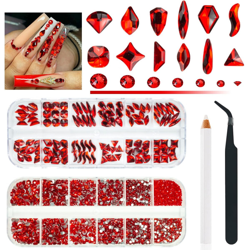 4080Pcs Red Rhinestones Nail Charms 120 Multi Shapes Crystal Flatback Siam Red Big Gems +3960 Ruby Red Round Beads Glass Stones Diamonds jewels Nail A