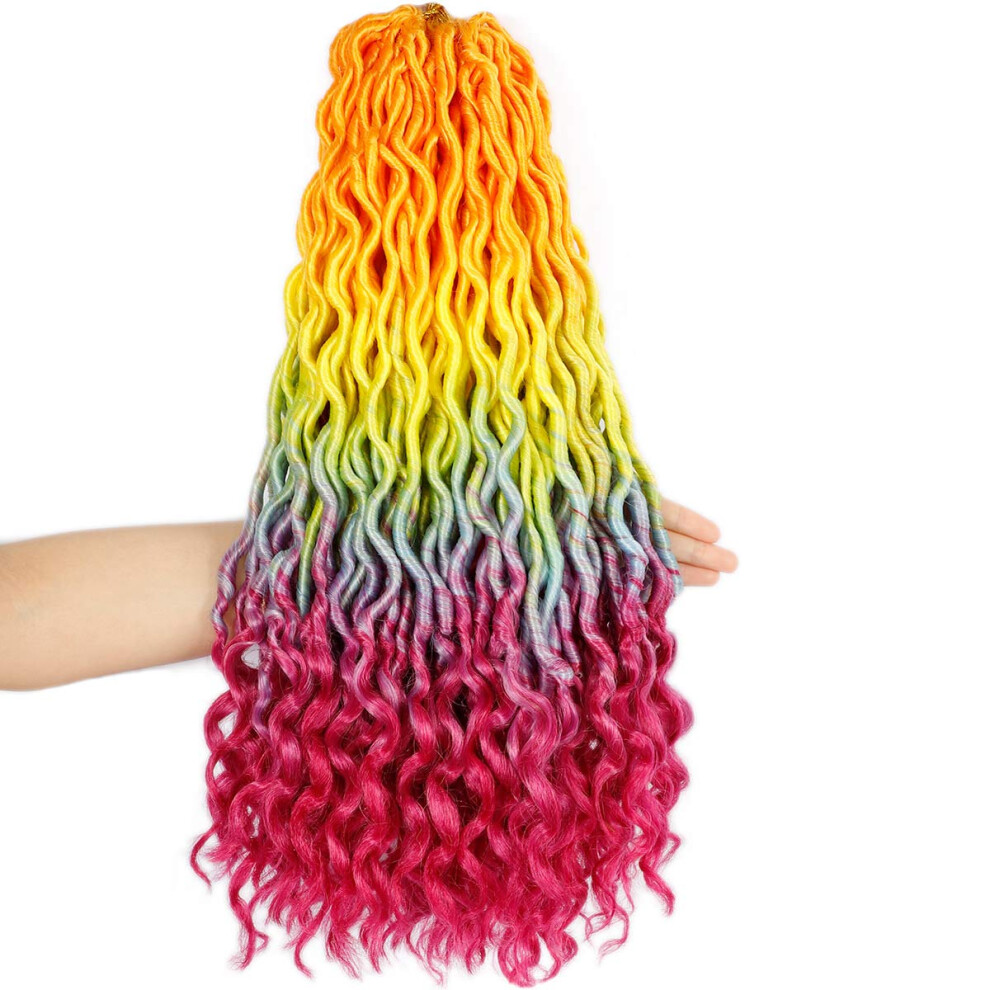 Ouyafei 5Pack Rainbow Wavy Faux Locs Braids Crochet Hair 20Inch Goddess Locs With Curly Ends Synthetic Crochet Twist Braiding Hair Extensions (Rainbow
