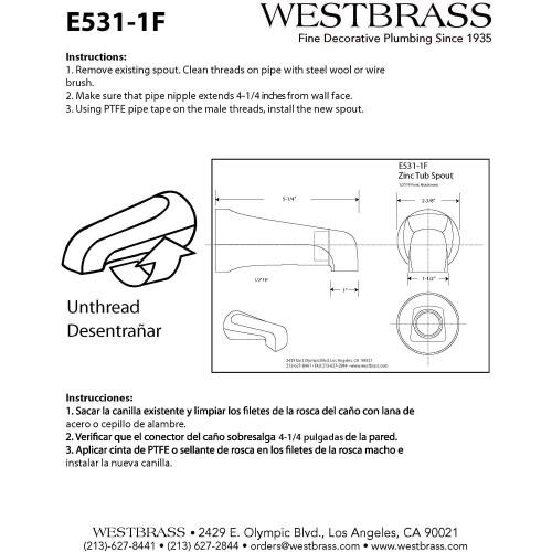 Westbrass E531-1F-01 5-1/4"""" standaard frontaansluiting kuipuitloop gepolijst messing 1