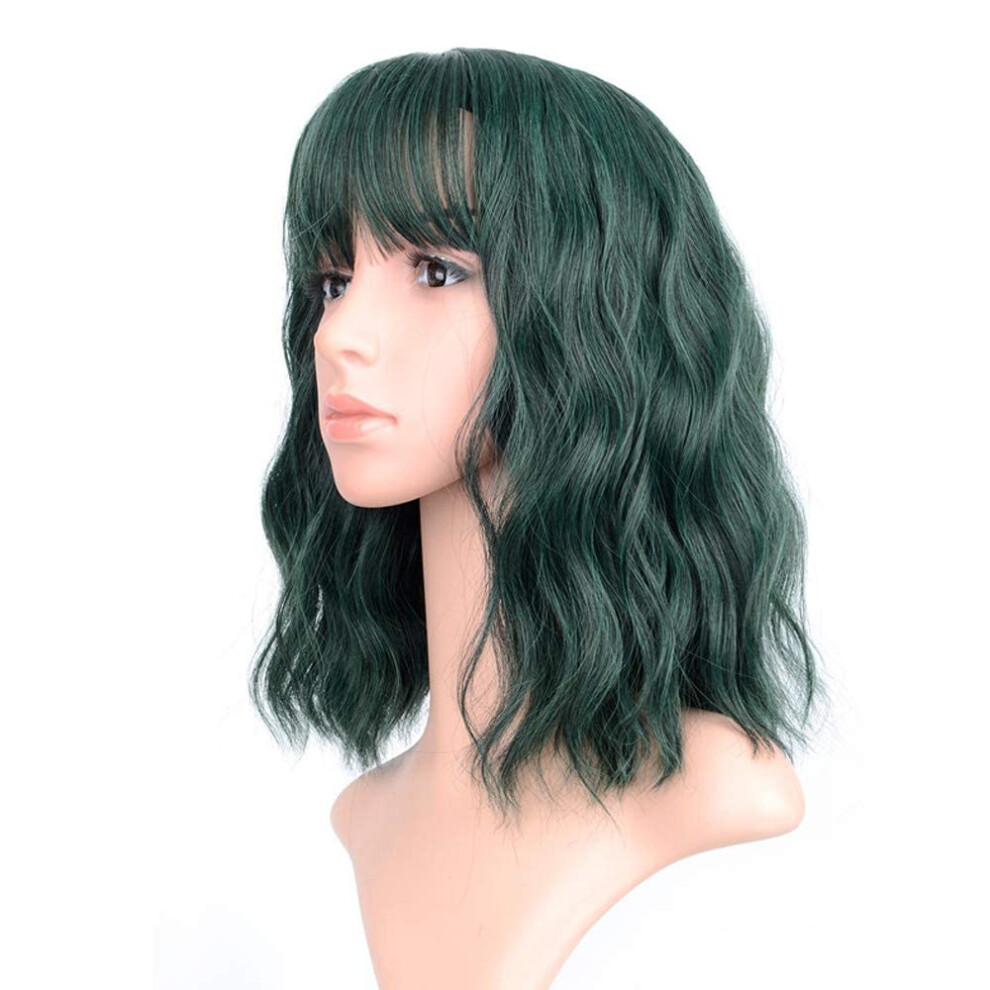 Faelbaty Unisex Green Short Wigs With Air Bangs Shoulder Length Bob Wig For Women Curly Wavy Synthetic Cosplay Wig For Girl (12"""" Dark )
