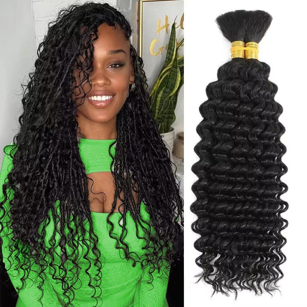 Missbox Unisex Human Braiding Hair For Boho Braids Human Hair 2 Bundles/Pack 100G 18 Inch Deep Wave Boho Hair Braiding No Weft Curly Bulk 12A Brazilian Virgin Hair E