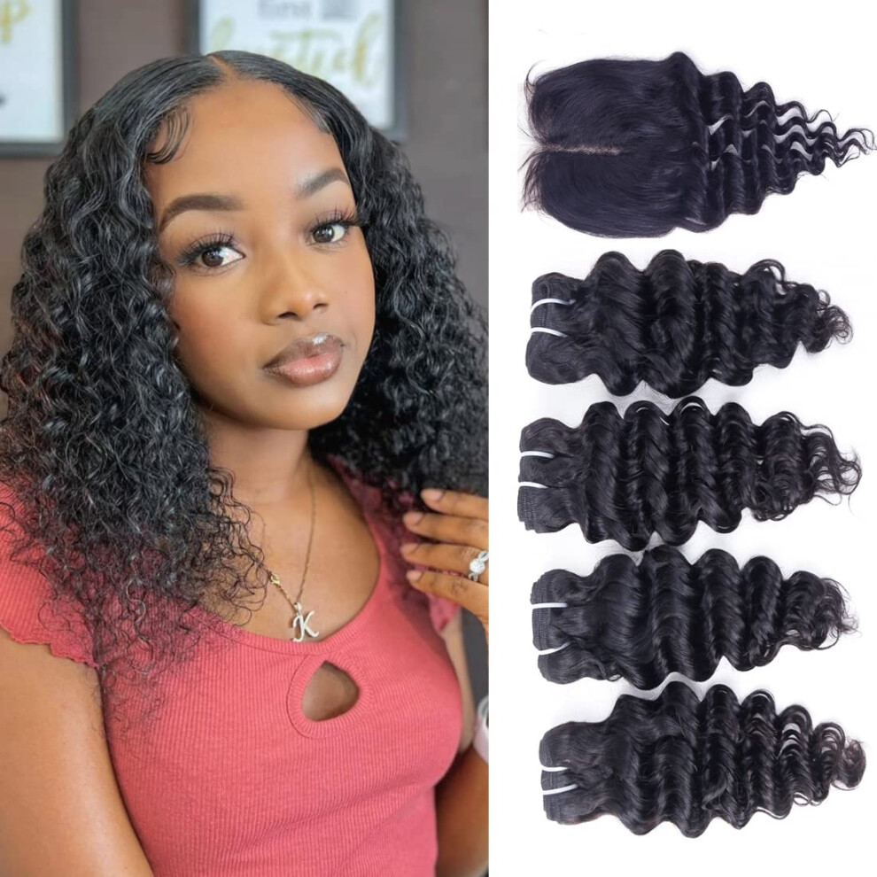 Fq Unisex Deep Water Wave Bundles With Closure Brazilian Deep Short Bob Curly Human Hair 4 Bundles With 4X4x1 Middle Part Lace Closure Wet And Wavy Bundles With