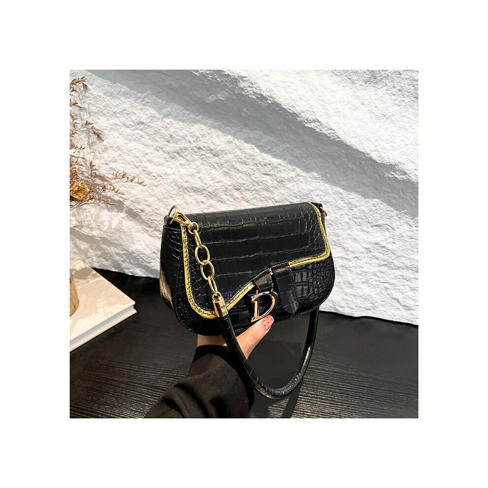 (Black) Elegant Shoulder Designer Bag For Women Modern Chain Detail Versatile Small Handbag
