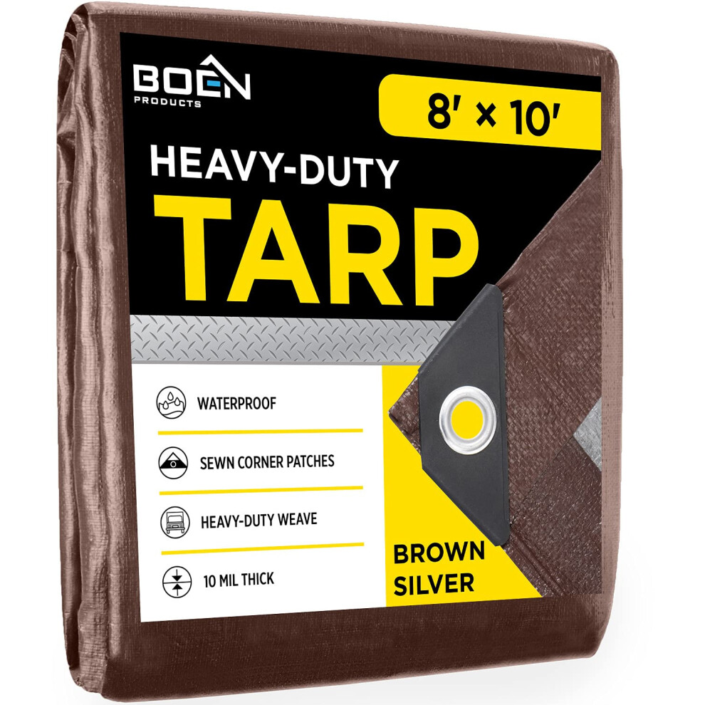 Heavy Duty Tarp Waterproof Large Cover |Brown/Silver 8' X 10' 10 Mil Thick | Rip Proof Tarps | Thick Weave Material Uv Resistant Great For Tarpaulin 3413984162683