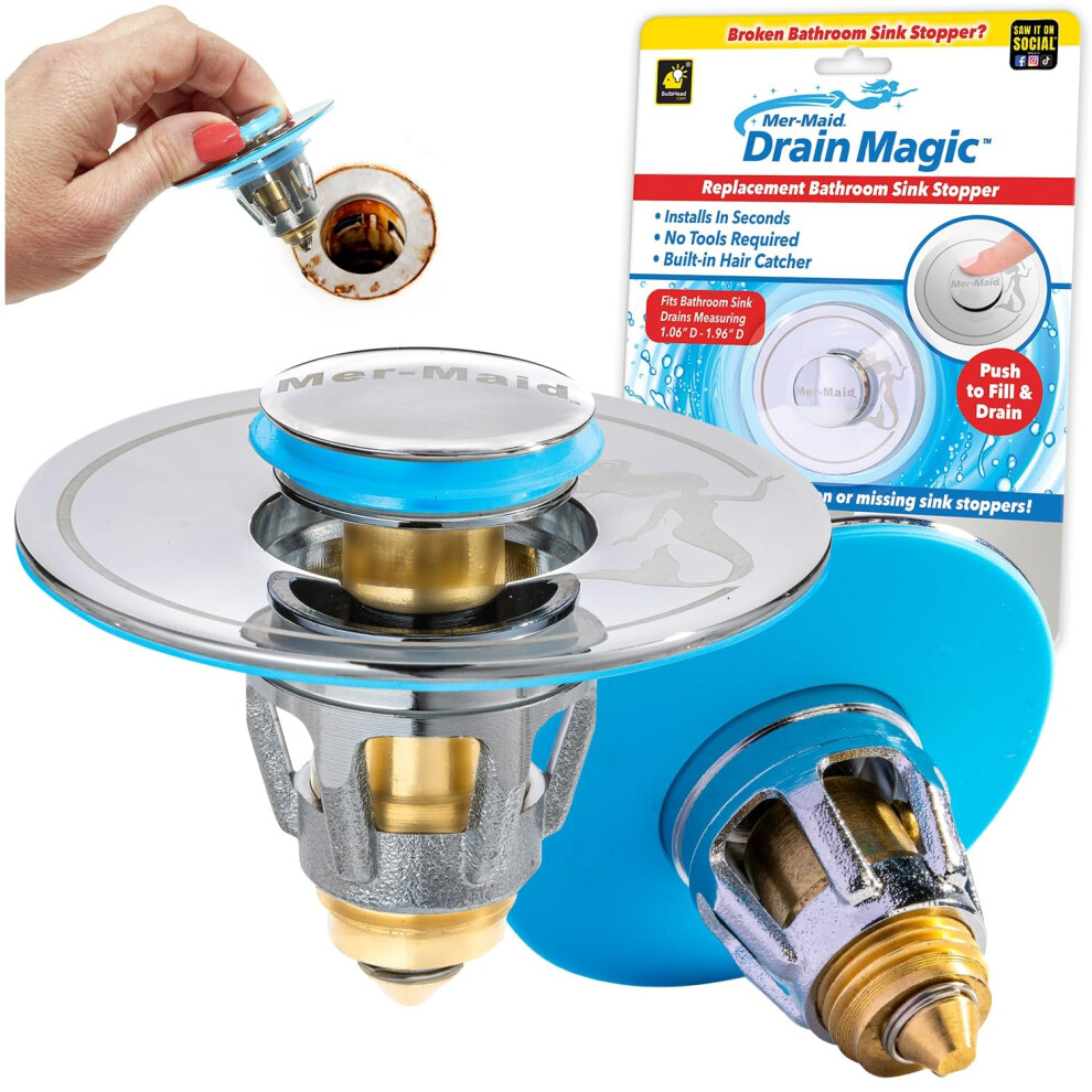 Mer-Maid Drain Magic AS-SEEN-ON-TV Replace Broken or Missing Bathroom Drain Stoppers in Seconds  No Tools  Push To Fill  Hair Catcher Prevents Clogs