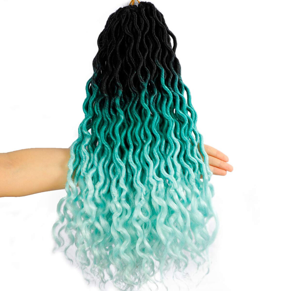 Ouyafei 5Pack Wavy Faux Locs Braids Crochet Hair 20Inch Ombre Green Braiding Hair Goddess Locs With Curly Ends Synthetic Twist Crochet Hair Extensions